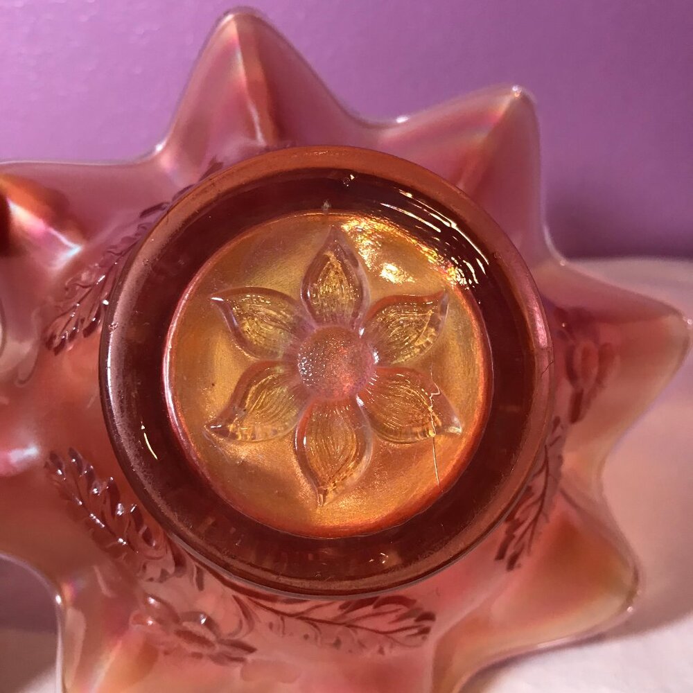 Dugan Marigold Daisy Ruffled Carnival Glass Dish Flower Burst GUC Display Retro